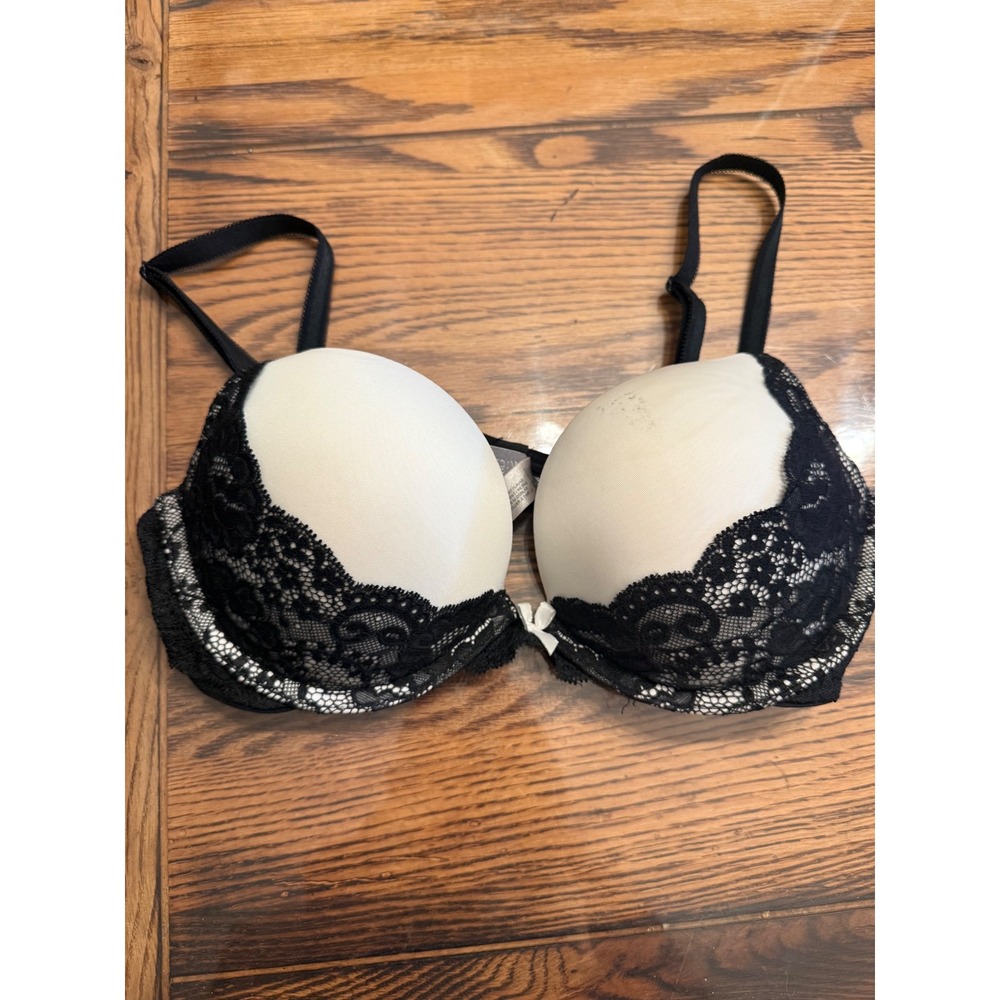 Victoria's Secret Plunge Bra Womens 34B Black Cream Lace Dream Angels Push Up